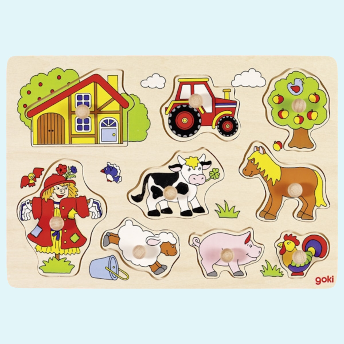 GOKI Holzpuzzle - Steckpuzzle Bauernhof -Tiere - Puzzle 9 Teile