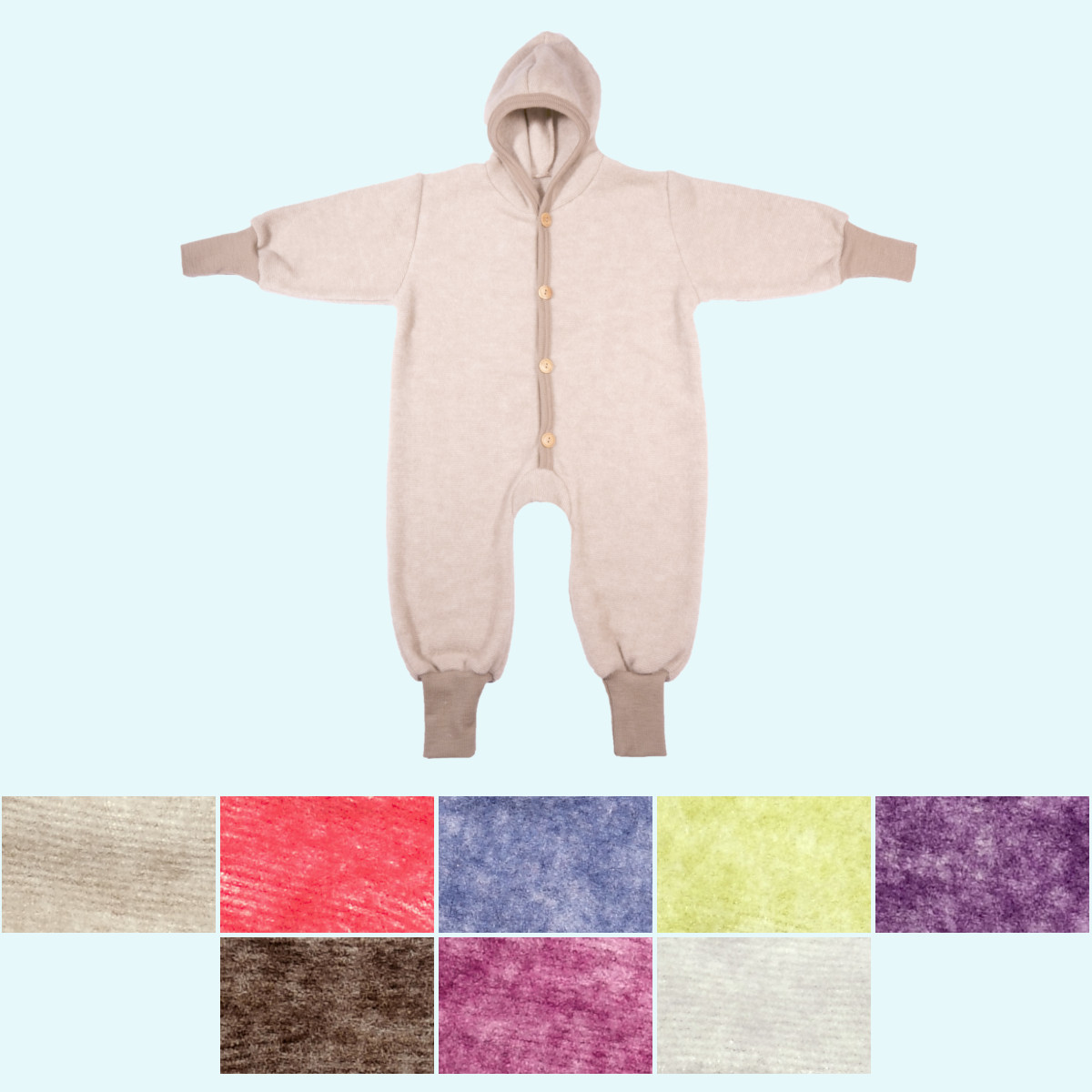 Baby Overall mit Kapuze Wollfleece farbig uni GOTS