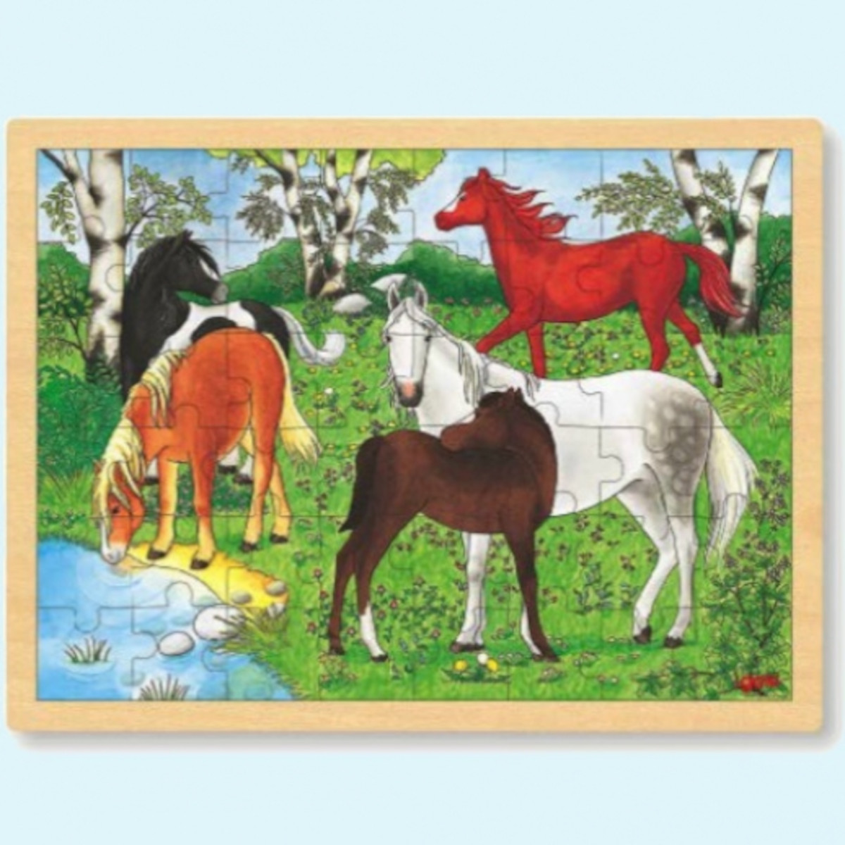 GOKI Holzpuzzle - Einlege-Puzzle - Ponyhof - Pferde - Puzzle 48 Teile