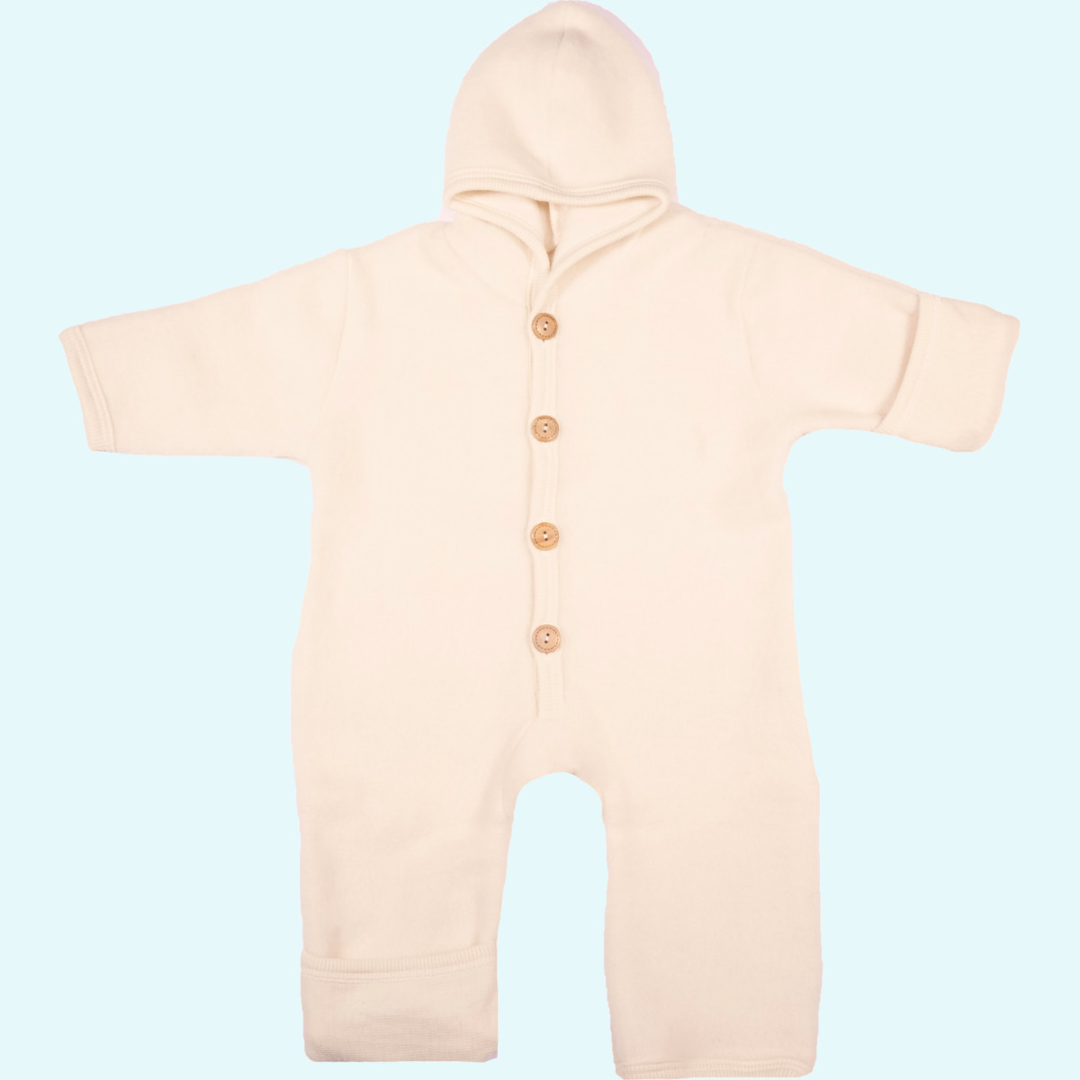 Baby Overall mit Kapuze / Kratzschutz / Umschlagbündchen Wollfleece natur GOTS