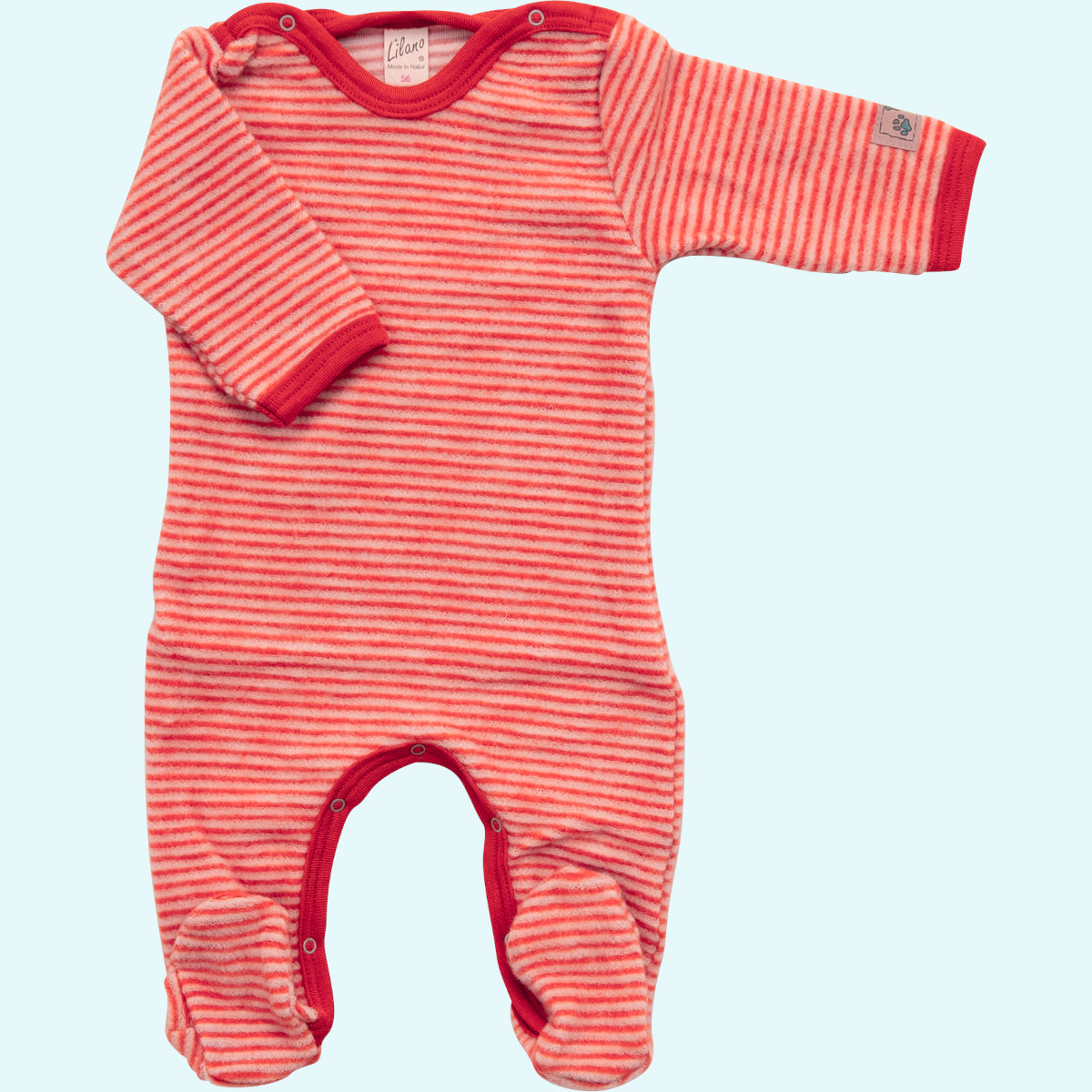 Baby Overall Wagenanzug mit Fuß Wollfrottee Plüsch langarm rot geringelt GOTS