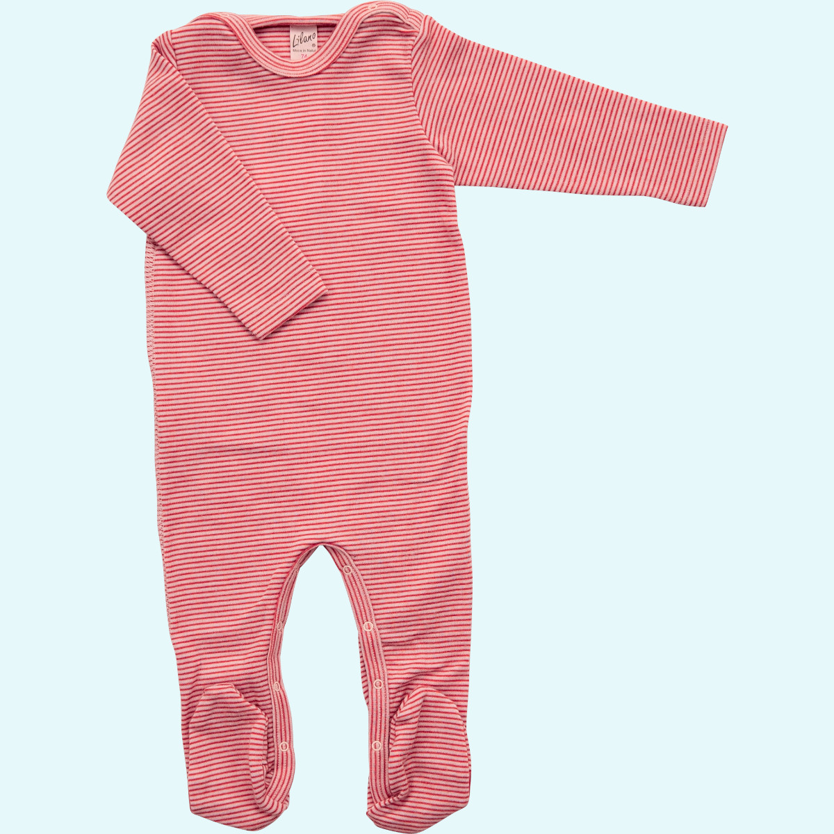 Baby Overall Schlafanzug mit Fuß Wolle Seide langarm rot geringelt GOTS