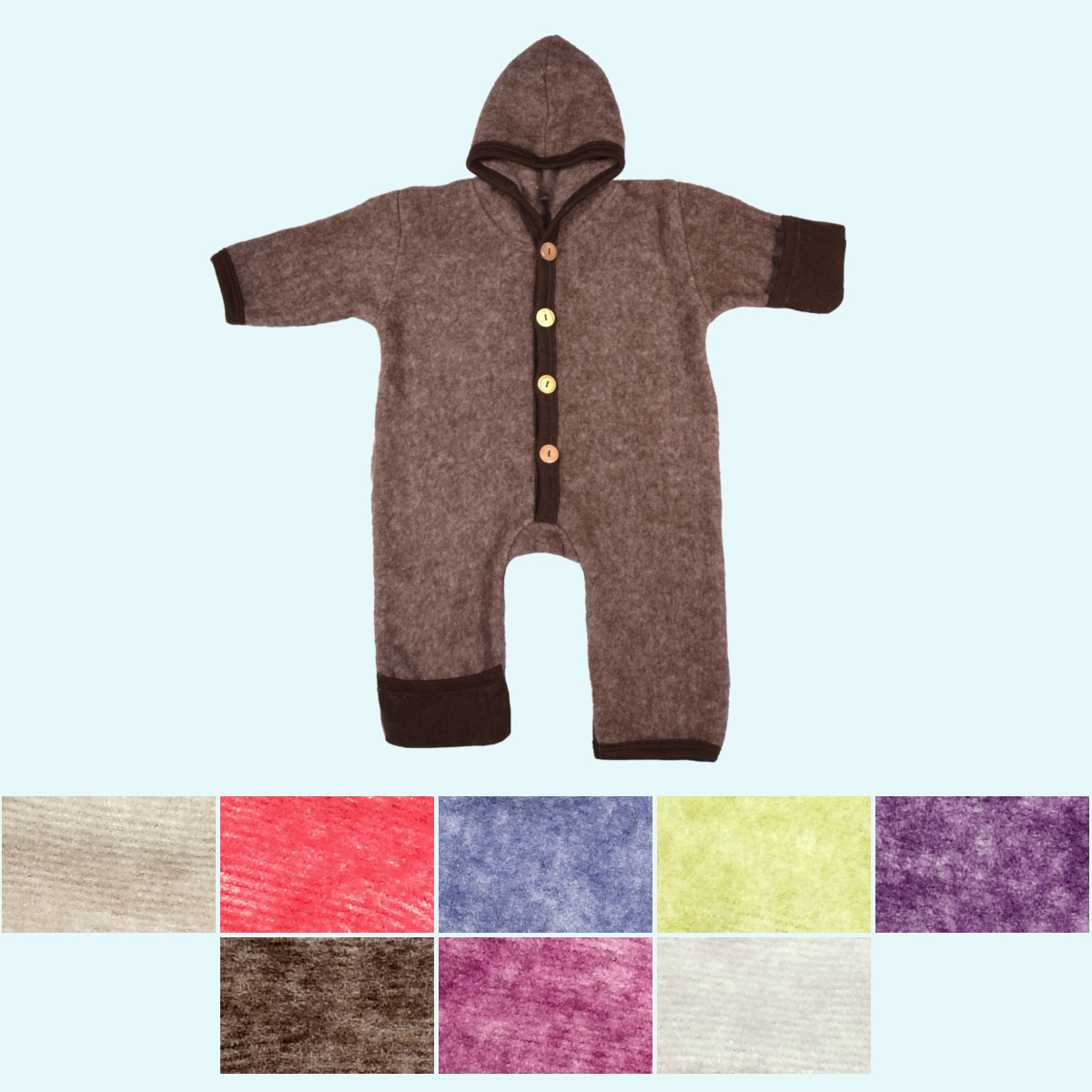 Baby Overall mit Kapuze / Kratzschutz / Umschlagbündchen Wollfleece farbig uni GOTS